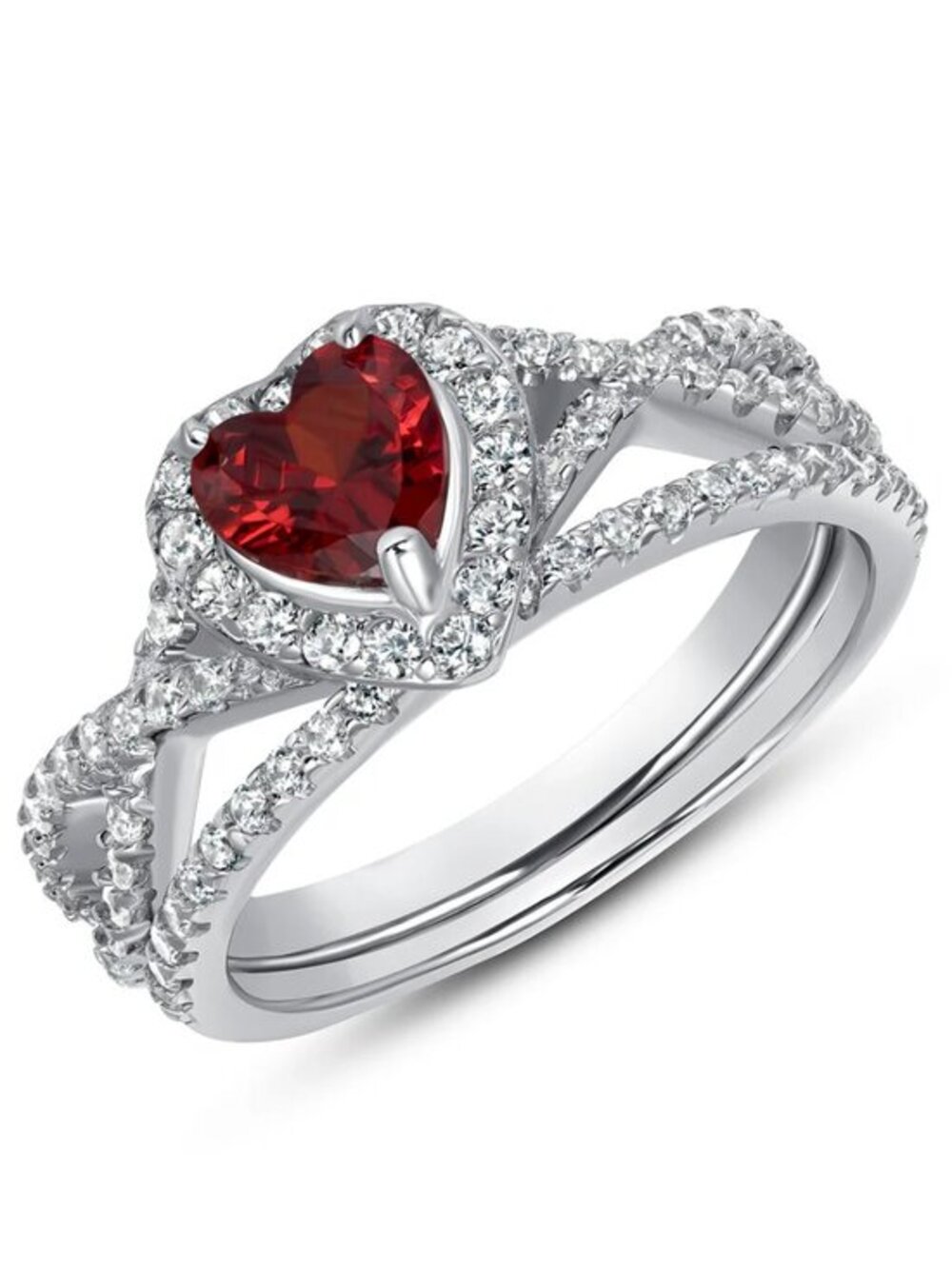 New 925 Sterling Silver 2pc set synthetic Ruby Heart Engagement Ring 6 7 8 9 10